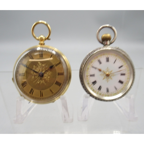 Swiss 18ct gold key wound fob watch, engraved floral dial with Roman chapter ring, bright cut and engraved case back no. 176315, stamped 18K, Swiss bridge plate movement with cylinder escapement, gross weight 31.8g, 36.9mm and Swiss silver keyless pin set fob watch, white enamel  Roman dial, engraved case no. 144705, stamped .935, Swiss bridge plate movement with cylinder escapement, gross weight 0.9ozt, D34.5mm

Bradley's shipping £28.00 plus vat (UK Only)