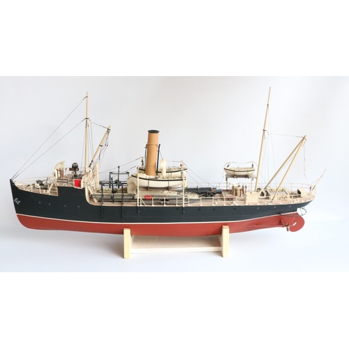 Comprehensively detailed static scale model of the 1905 Thorneycroft (London) built Portuguese Naval torpedo training vessel 'Volcano', overall length approx 108cm, unable to determine hull material but upper structure largely wood, possible kit built (if so, likely Caldecraft), not attached to stand, model is somewhat dusty, some rigging detached etc.

Bradley's shipping POA https://www.bradleys.ltd/quotation-request-form