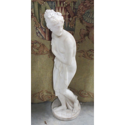 Style of Lapini, carved white marble/alabaster figure of Sorpresa, part naked figure on circular base, H100cm, head reattached

Bradley's shipping POA https://www.bradleys.ltd/quotation-request-form