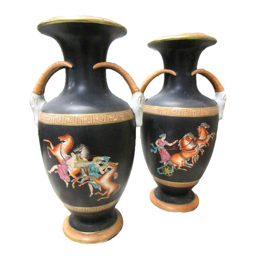 1463 - Pair of Grecian-influenced French Neoclassical 19th Century porcelain vases; featuring applied rams'... 