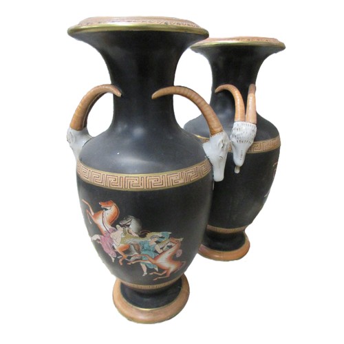 1463 - Pair of Grecian-influenced French Neoclassical 19th Century porcelain vases; featuring applied rams'... 