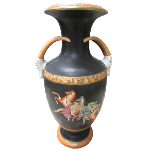 1463 - Pair of Grecian-influenced French Neoclassical 19th Century porcelain vases; featuring applied rams'... 