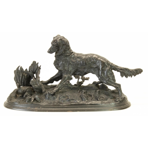 After Pierre Jules Mene: cast iron model of a Setter, flushing out a bird from foliage, on stepped oval base, W41cm H20cm
Bradley's Shipping POA https://www.bradleys.ltd/quotation-request-form