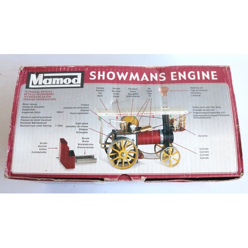 9 - Boxed Mamod live steam Showmans Engine with blue boiler, model in generally good overall previously ... 