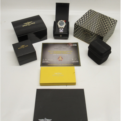 Breitling Superocean Steelfish 2000m/6000ft MI5 Centenary 1909-2009, limited edition stainless steel chronometer automatic wristwatch with date on original bracelet with signed deployment clasp, no. W4009, signed blue dial, Arabic and dot indices with centre seconds, signed screw down case back, ref. A17390, no. 1241400, limited edition ***/900, D44.7mm with boxes, paperwork, certificate, tag, bezel protector and two other Breitling travel boxes/cases

Bradley's Shipping £33.00 plus vat (UK Only)