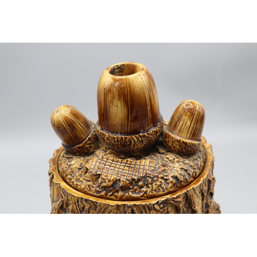 1010 - Earthenware tobacco jar with barkware slip decoration, featuring gnarly branch and bark effect detai... 