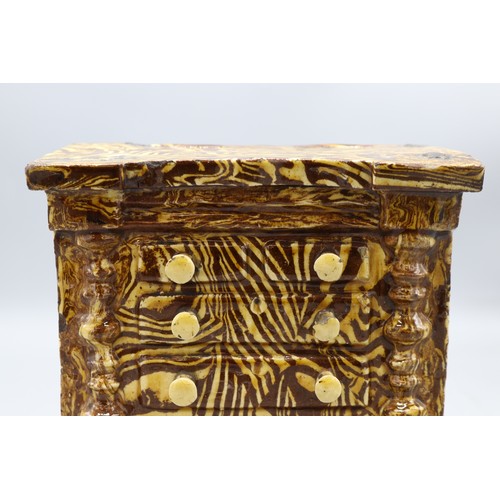 1021 - Agate ware miniature chest of drawers, dated 1874, likely Elland Halifax, slipware, H19cm
Bradley's ... 