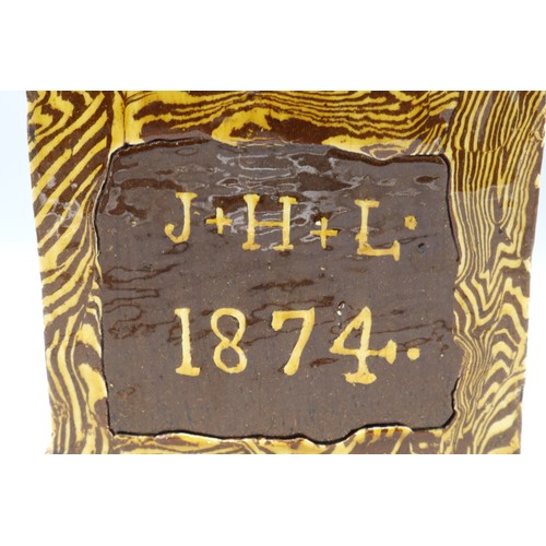 1021 - Agate ware miniature chest of drawers, dated 1874, likely Elland Halifax, slipware, H19cm
Bradley's ... 