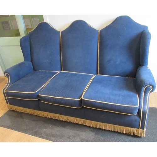 Carolean style triple arched wing back sofa, blue upholstery with gold ...