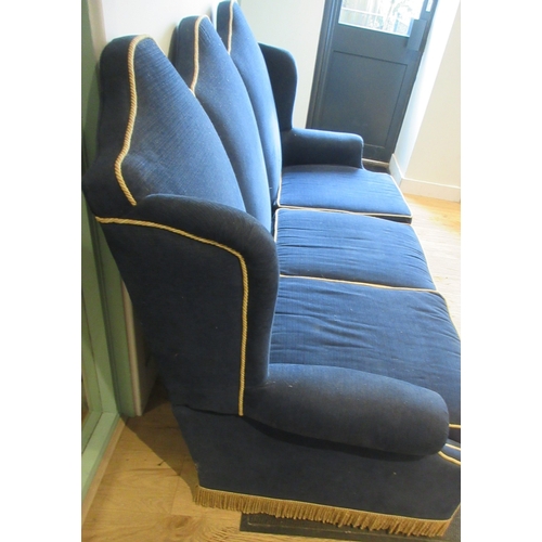 Carolean style triple arched wing back sofa, blue upholstery with gold ...