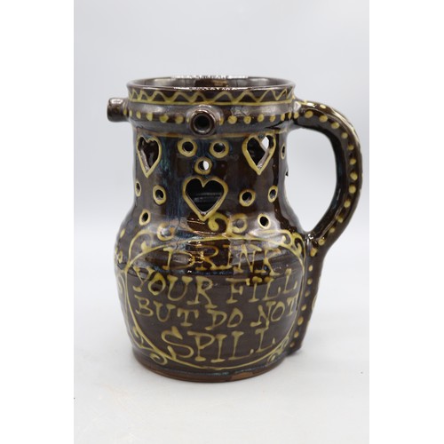 1006 - Peter Currell Brown, Snake Pottery, Puzzle Jug heart detailing, 'Drink Your Fill But Do Not Spill'; ... 