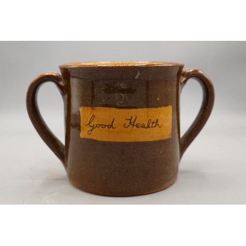 1028 - Soil Hill slipware, incl. two handled tankard inscribed 'Good Health', stamped; Soil Hill small glob... 