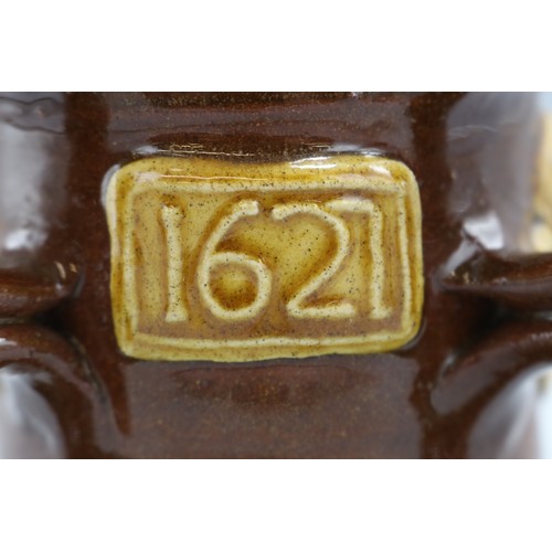 1064 - 19th century replica of a 17th century slipware Wrotham style four handled tyg, four double loop han... 