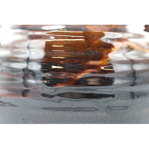 1059 - Charlotte Epton (1902-1970) for Leach Pottery jug, treacle drip glaze, swollen form, scroll detail t... 