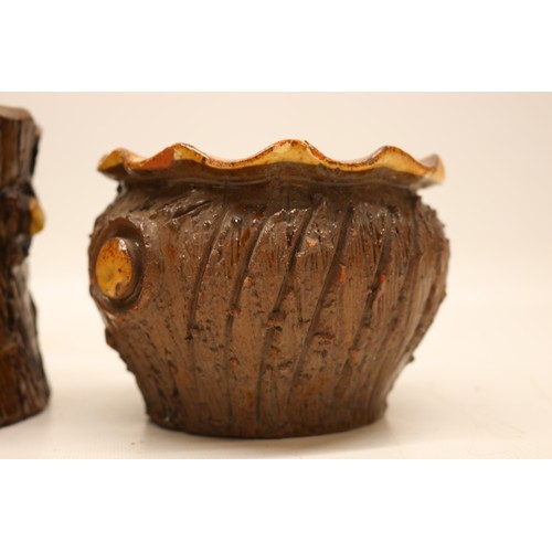 1018 - Barkware, slipware tobacco jar, bark effect with branch style handle, inscribed 'Tobacco', H12.5cm; ... 