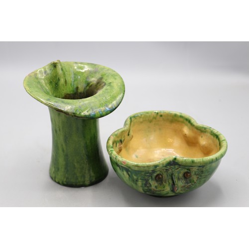 1084 - Farnham Pottery owl bowl, green glazed pinched rim, retailed by Liberty's and Farnham Pottery gradua... 