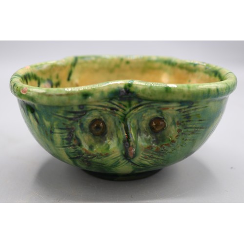 1084 - Farnham Pottery owl bowl, green glazed pinched rim, retailed by Liberty's and Farnham Pottery gradua... 