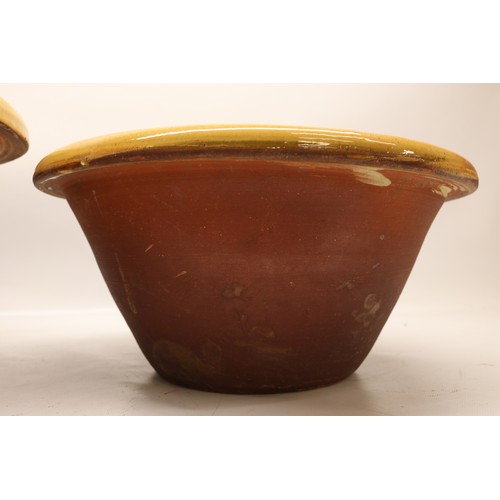 1032 - Two large slipware pancheons, salt glazed inner,  in the manner of Isaac Button, D45cm max
Bradley's... 