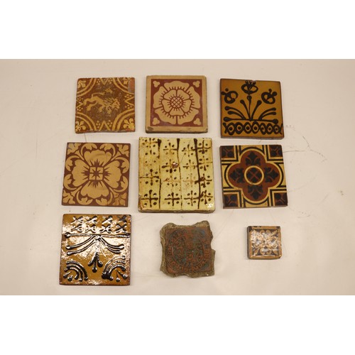 1063 - Collection of tiles, incl. a William Godwin English rose tile, stamped 'W.Godwin Lugwardine Hereford... 
