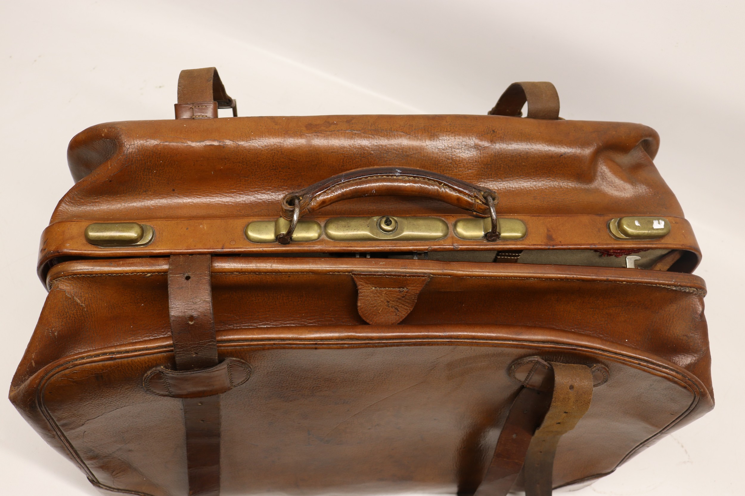 20th Century brown leather portmanteau type suitcase with brass ...