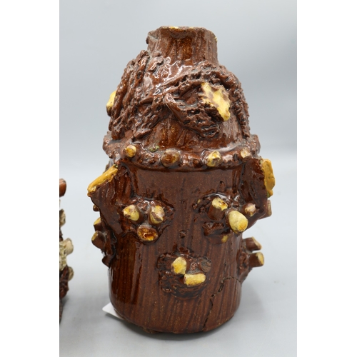 1012 - Barkware tobacco jar with alternate coloured appliques and bird finial, and a bark-ware money box, s... 