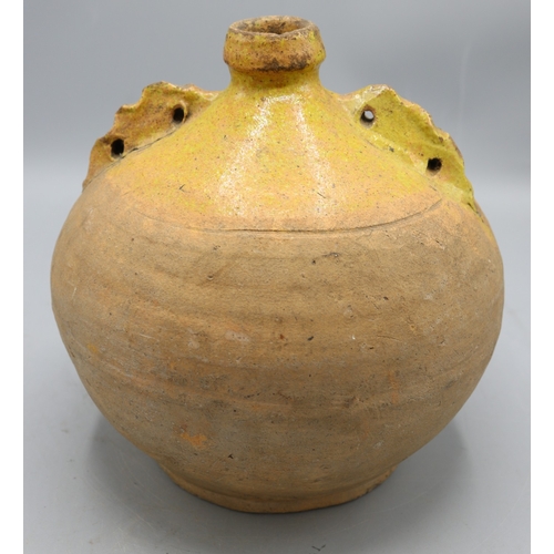 1070 - Verwood costrel/ Dorset Owl with twin handles and another similar costrel with floral details, H20cm... 