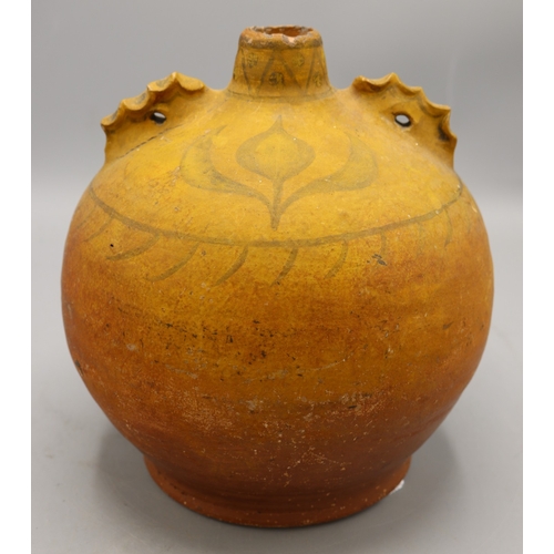 1070 - Verwood costrel/ Dorset Owl with twin handles and another similar costrel with floral details, H20cm... 