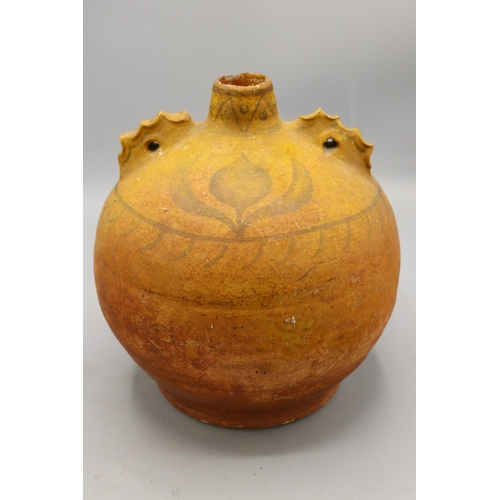 1070 - Verwood costrel/ Dorset Owl with twin handles and another similar costrel with floral details, H20cm... 