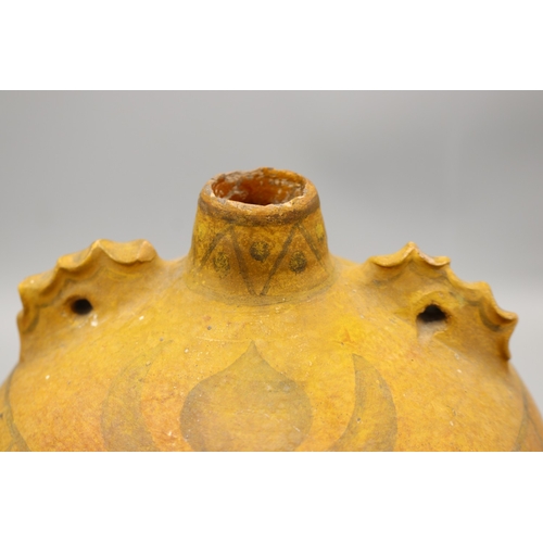 1070 - Verwood costrel/ Dorset Owl with twin handles and another similar costrel with floral details, H20cm... 