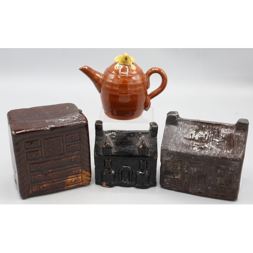 1079 - David Cleverly mouse ware miniature teapot with mouse embedded into the lid; slipware money box in t... 