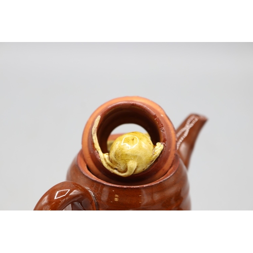 1079 - David Cleverly mouse ware miniature teapot with mouse embedded into the lid; slipware money box in t... 