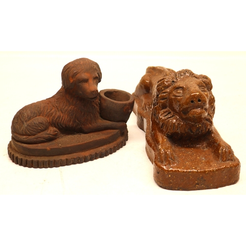 1077 - 19th century stoneware slat glazed lion atop plinth base and a stoneware dog figure with bowl on a s... 