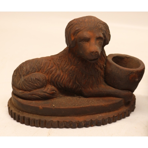 1077 - 19th century stoneware slat glazed lion atop plinth base and a stoneware dog figure with bowl on a s... 