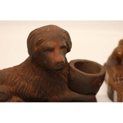 1077 - 19th century stoneware slat glazed lion atop plinth base and a stoneware dog figure with bowl on a s... 