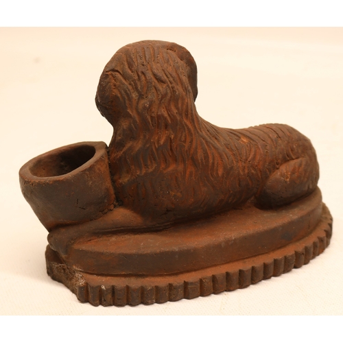 1077 - 19th century stoneware slat glazed lion atop plinth base and a stoneware dog figure with bowl on a s... 