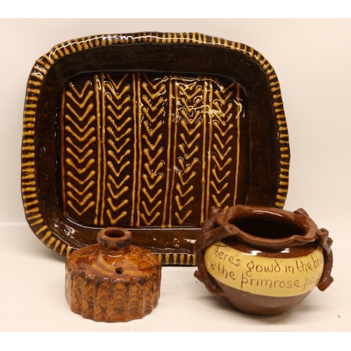 1080 - Cumnock Pottery bowl with piecrust rim and applied twig handles incised inscription 'There's gowd in... 