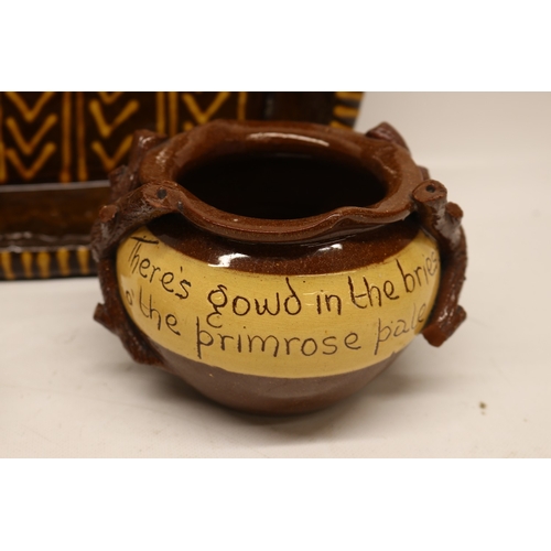 1080 - Cumnock Pottery bowl with piecrust rim and applied twig handles incised inscription 'There's gowd in... 