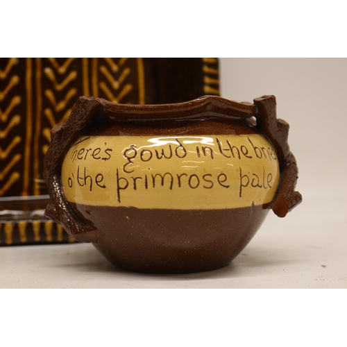 1080 - Cumnock Pottery bowl with piecrust rim and applied twig handles incised inscription 'There's gowd in... 
