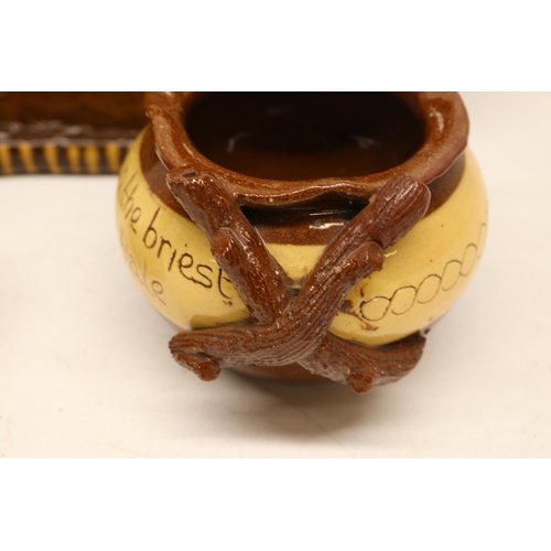 1080 - Cumnock Pottery bowl with piecrust rim and applied twig handles incised inscription 'There's gowd in... 
