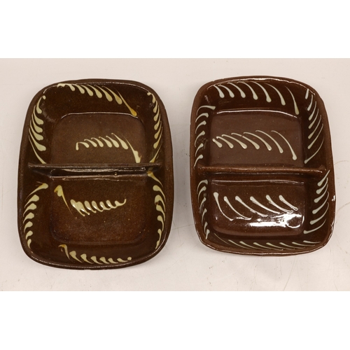 1076 - Two slipware baking dishes with central divisions, dashed contrasting pattern, max W32cm
Bradley's S... 