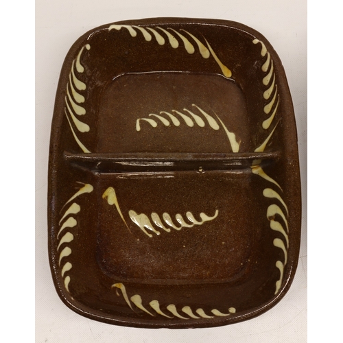 1076 - Two slipware baking dishes with central divisions, dashed contrasting pattern, max W32cm
Bradley's S... 