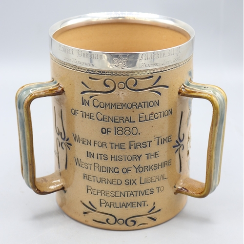 1074 - Doulton Lambeth silver rimmed salt glaze tyg, produced to commemorate the General Election of 1880, ... 