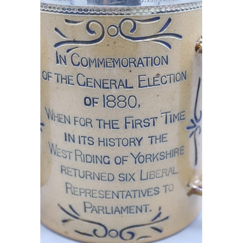 1074 - Doulton Lambeth silver rimmed salt glaze tyg, produced to commemorate the General Election of 1880, ... 