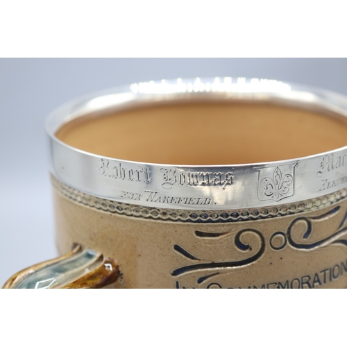 1074 - Doulton Lambeth silver rimmed salt glaze tyg, produced to commemorate the General Election of 1880, ... 