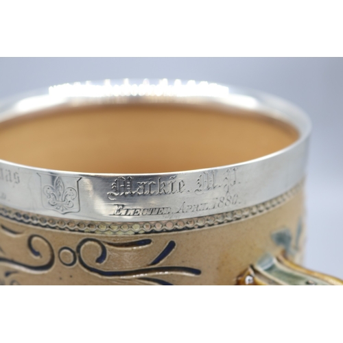 1074 - Doulton Lambeth silver rimmed salt glaze tyg, produced to commemorate the General Election of 1880, ... 