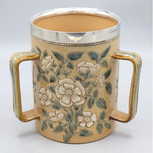 1074 - Doulton Lambeth silver rimmed salt glaze tyg, produced to commemorate the General Election of 1880, ... 