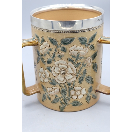 1074 - Doulton Lambeth silver rimmed salt glaze tyg, produced to commemorate the General Election of 1880, ... 