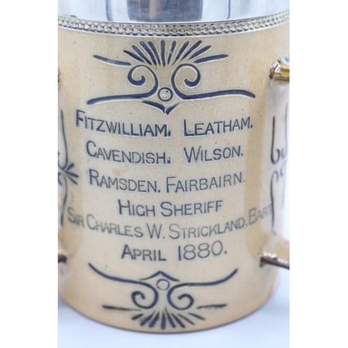 1074 - Doulton Lambeth silver rimmed salt glaze tyg, produced to commemorate the General Election of 1880, ... 