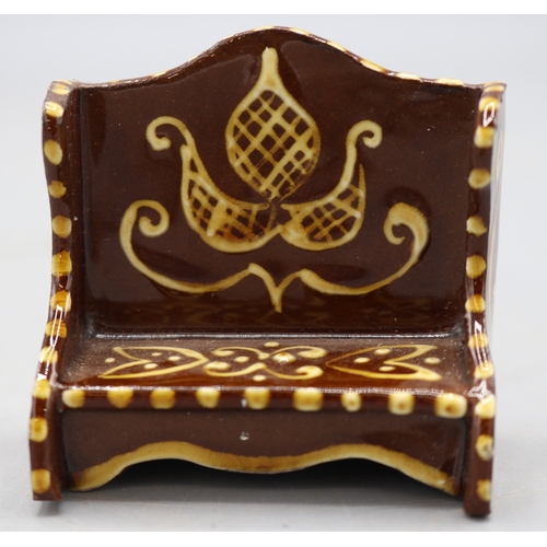 Slipware miniature lambing chair and settle with dotted border and ...