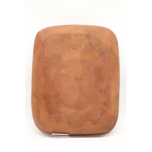 1057 - Slipware tobacco jar, twin handled, partially glazed, squiggle patterns, missing lid; slipware tray ... 